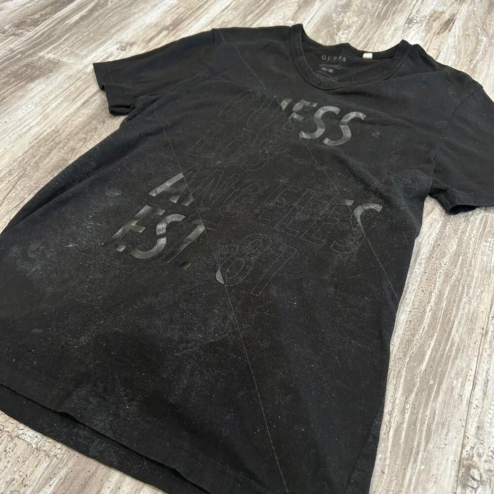 Guess Men's distressed grunge y2k streetwear black cotton v-neck t-shirt - Picture 2 of 5